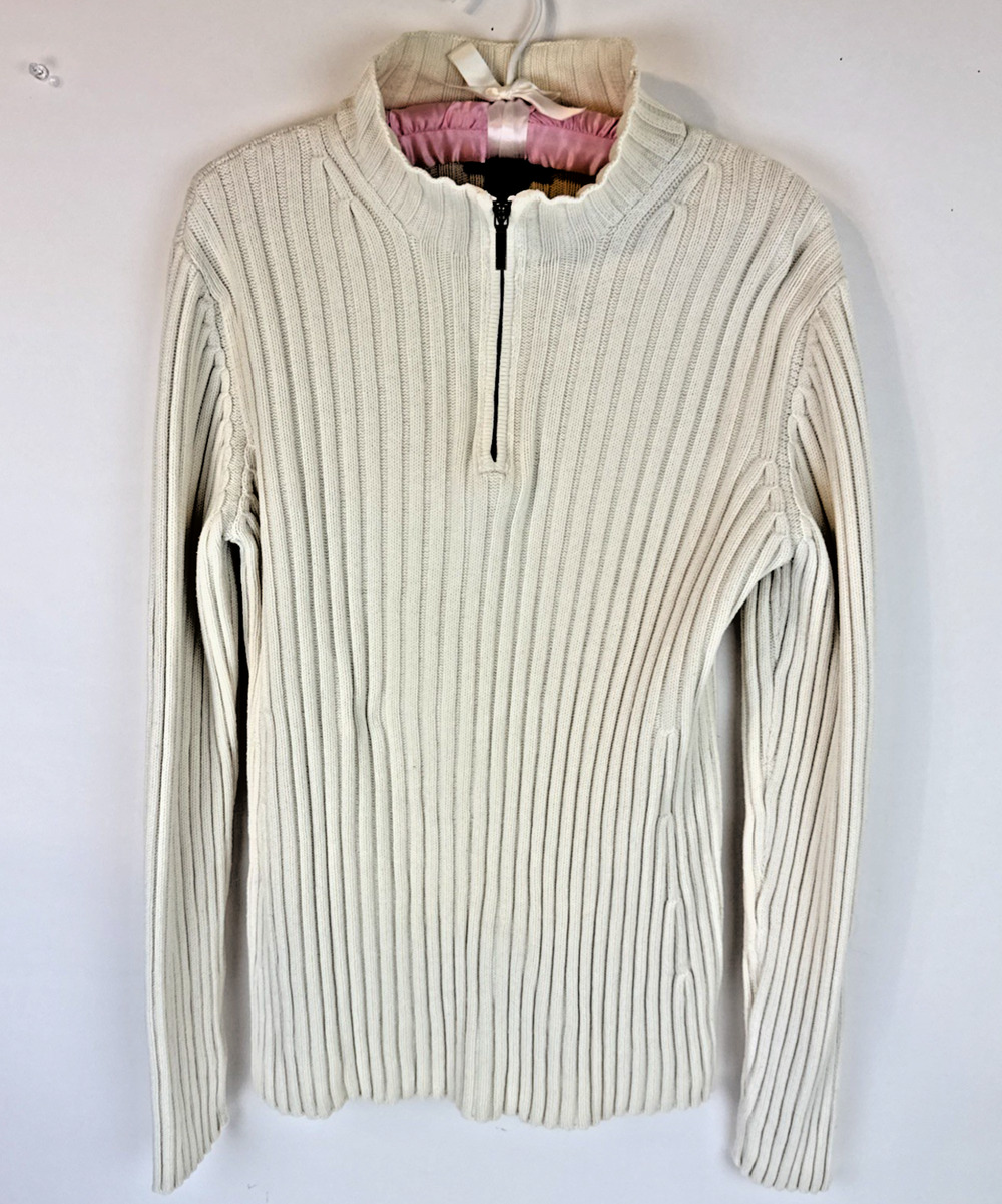 Lauren Ralph Lauren Sweater Women M Cream Ivory 1/4 Zip Ribbed 100% Cotton